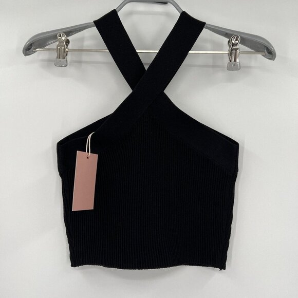Quince Women's Cropped Halter Ribbed Sweater Knit Tank in Black sz L NWT - Picture 2 of 5